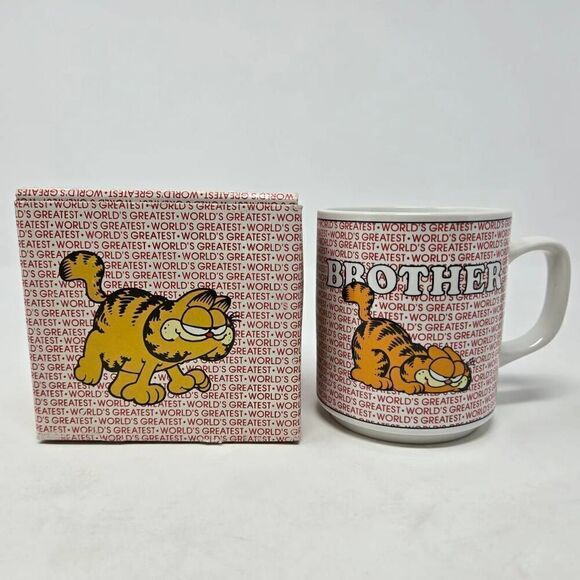 1978 GARFIELD ENESCO WORLD'S GREATEST BROTHER CERAMIC COFFEE MUG NEW BOX VINTAGE - Picture 1 of 3